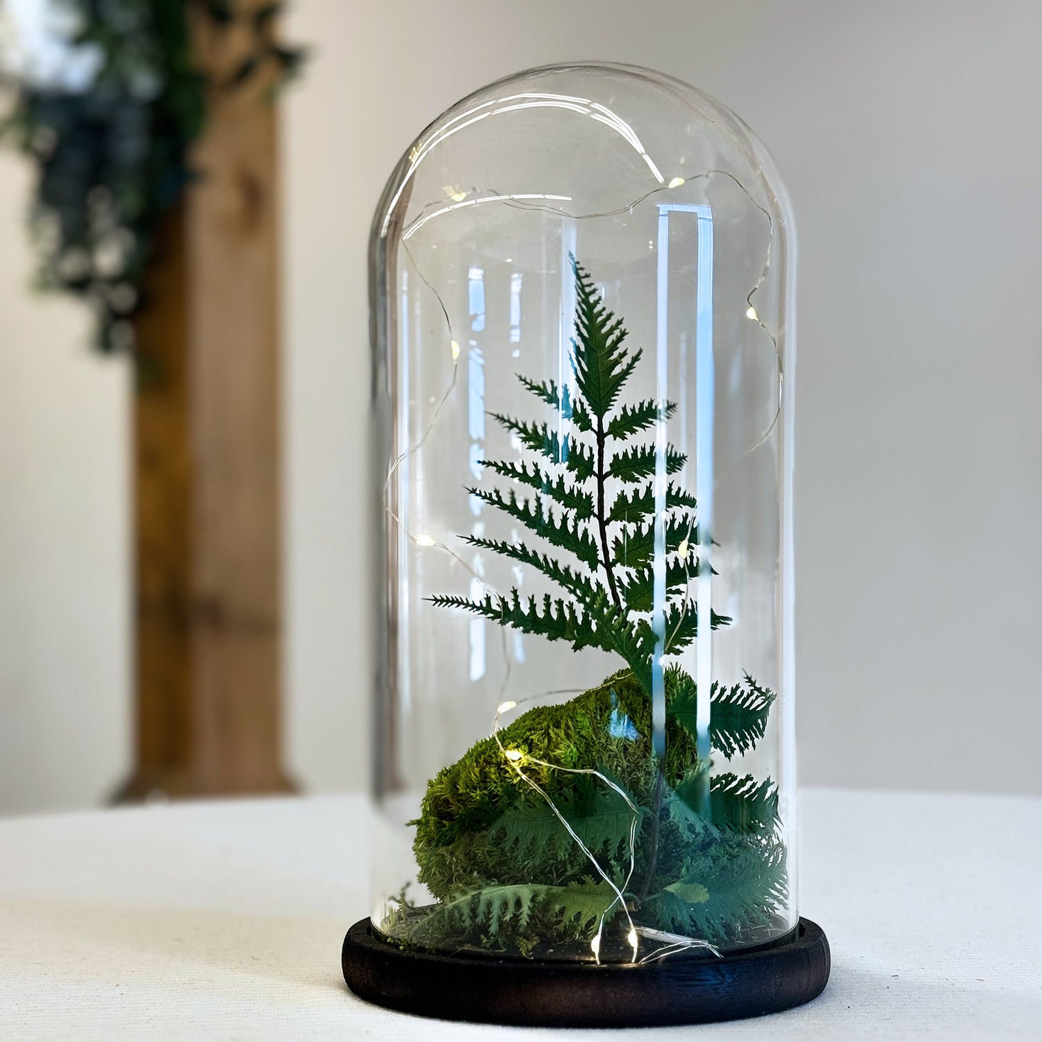 CLOCHE DE VERRE ET BASE EN BOIS BRUNE